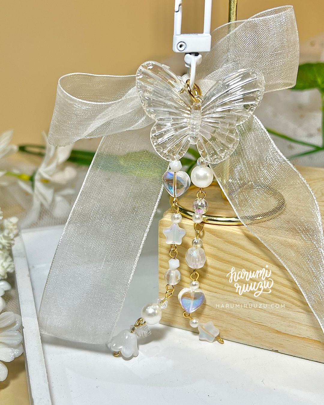 White Beaded Butterfly Keychain / Bag Charm with Ribbon