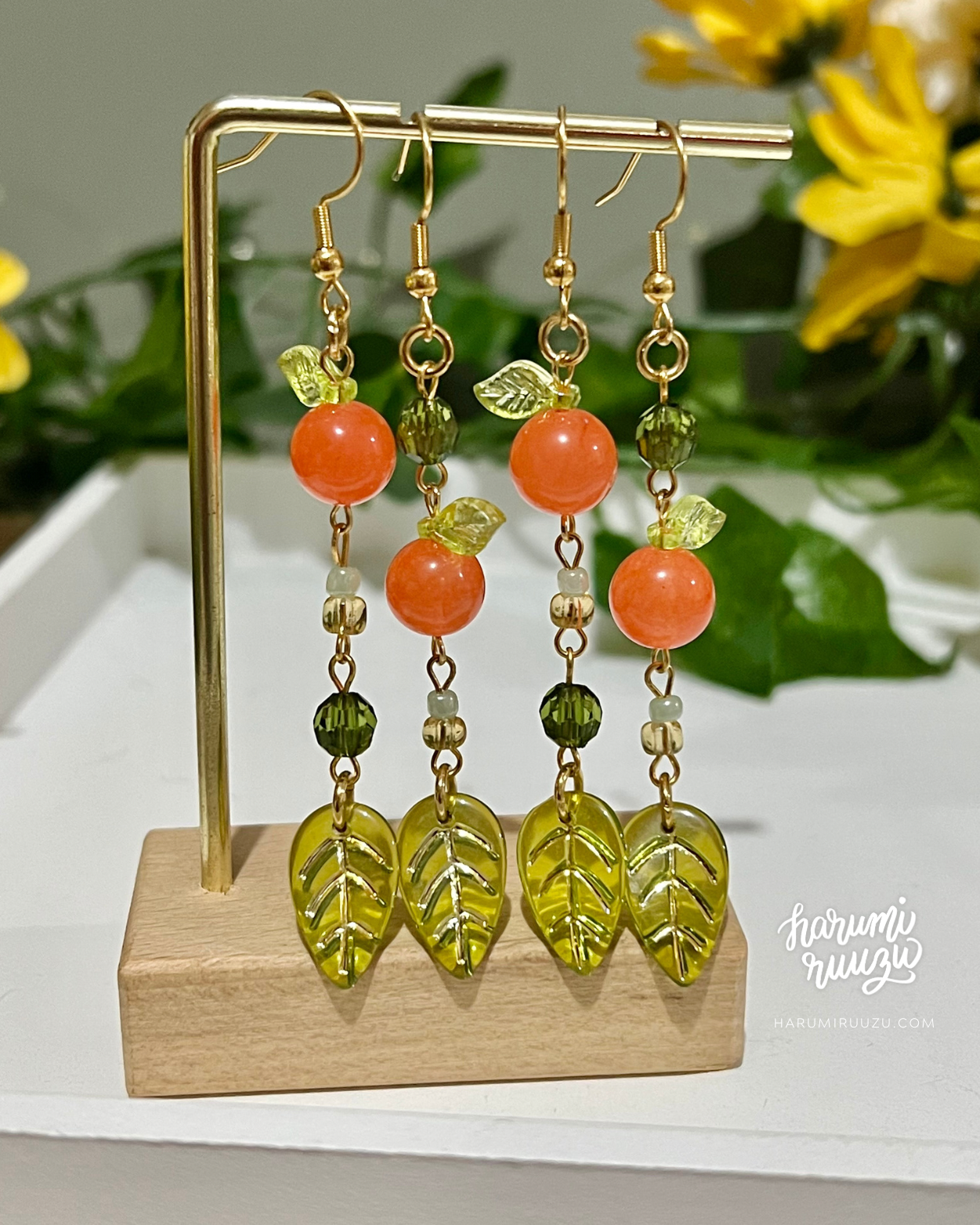 Leafy Tangerine Orange Fruit Handmade Earrings