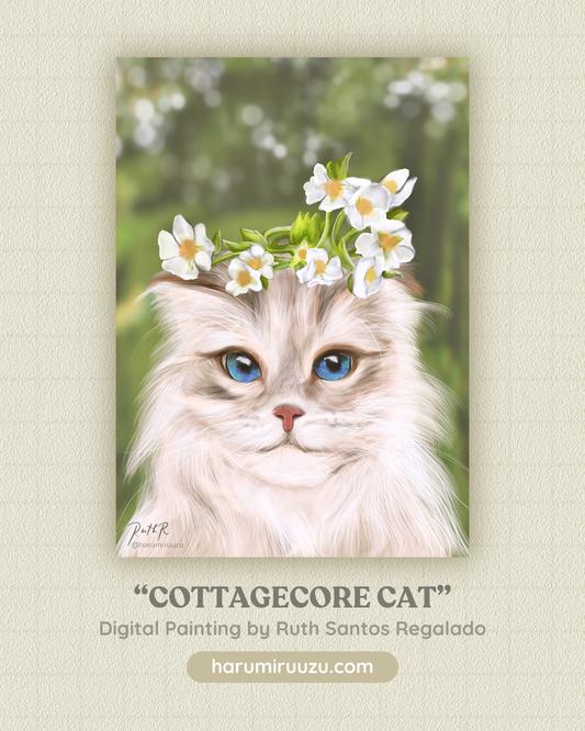 “Cottagecore Cat” Glitter Laminated Art Print - Original Art by Ruth Santos Regalado