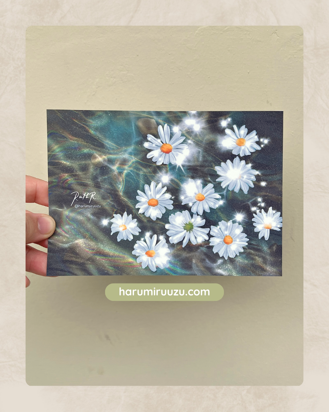 “Daisies in Water” Glitter Laminated Art Print - Original Art by Ruth Santos Regalado