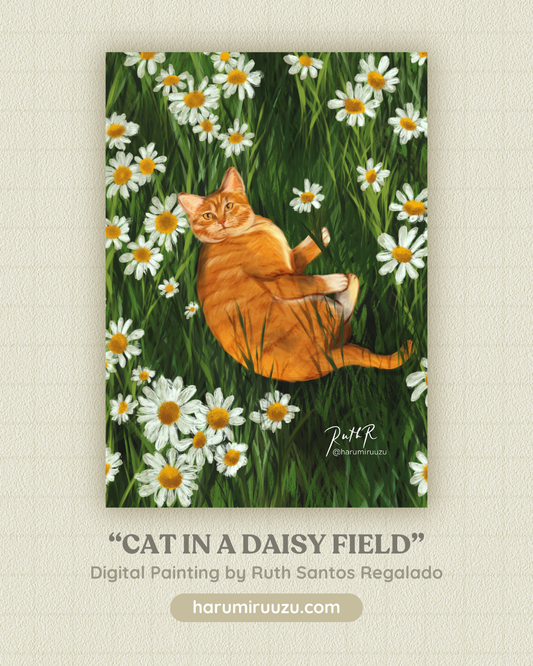 “Cat in a Daisy Field” Glitter Laminated Art Print - Original Art by Ruth Santos Regalado