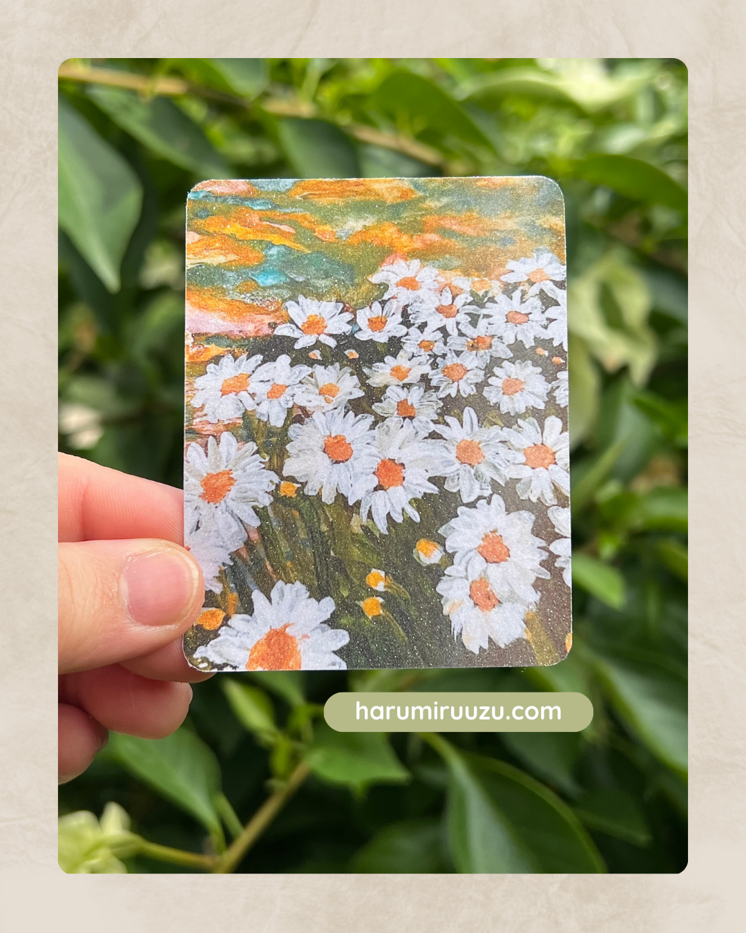 “Daisies & Sunset” Glitter Laminated Sticker — Original Gouache Art by Ruth Santos Regalado