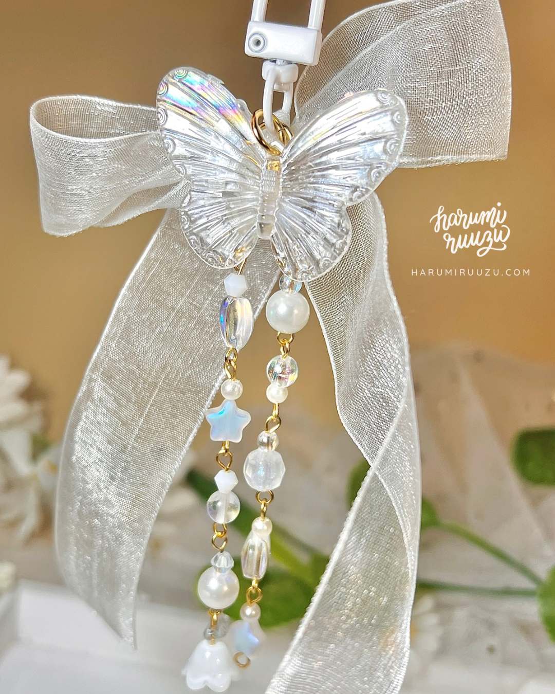 White Beaded Butterfly Keychain / Bag Charm with Ribbon