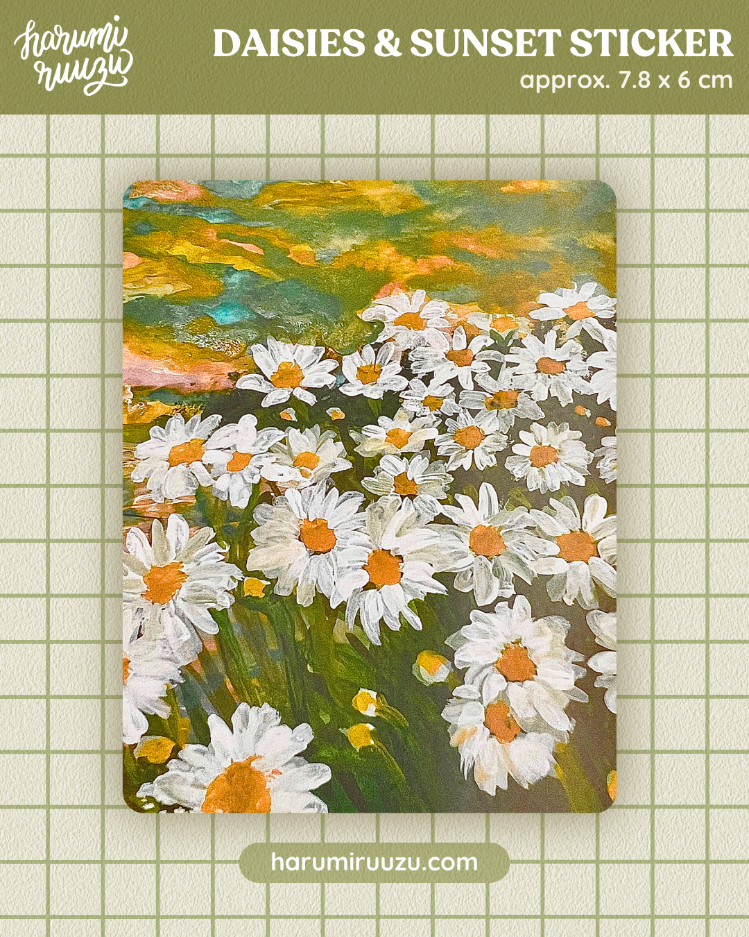 “Daisies & Sunset” Glitter Laminated Sticker — Original Gouache Art by Ruth Santos Regalado