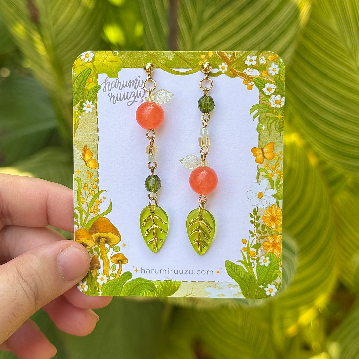Leafy Tangerine Orange Fruit Handmade Earrings