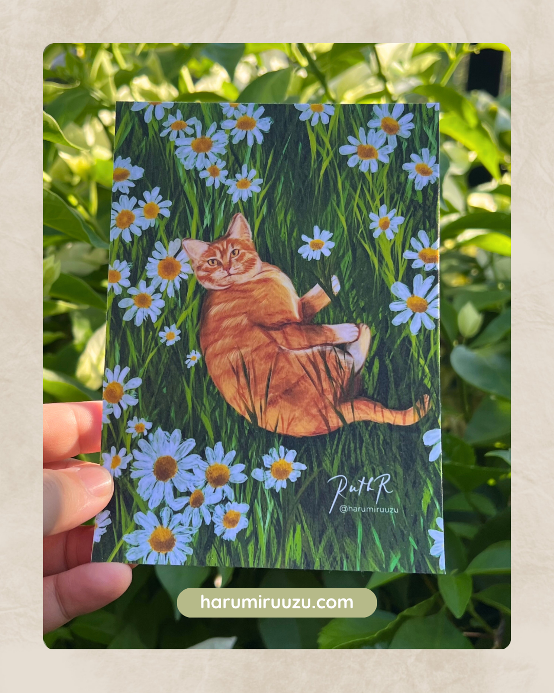 “Cat in a Daisy Field” Glitter Laminated Art Print - Original Art by Ruth Santos Regalado