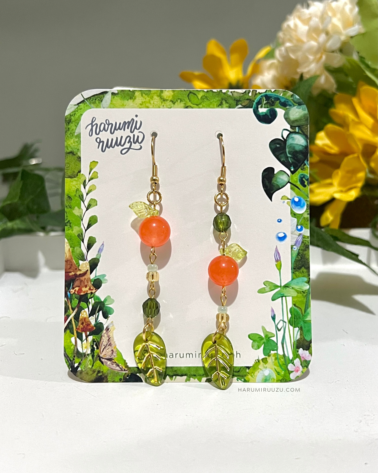 Leafy Tangerine Orange Fruit Handmade Earrings