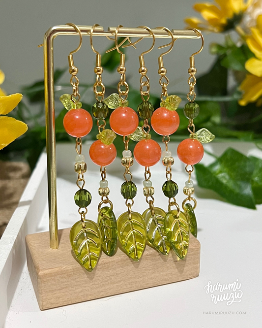 Leafy Tangerine Orange Fruit Handmade Earrings