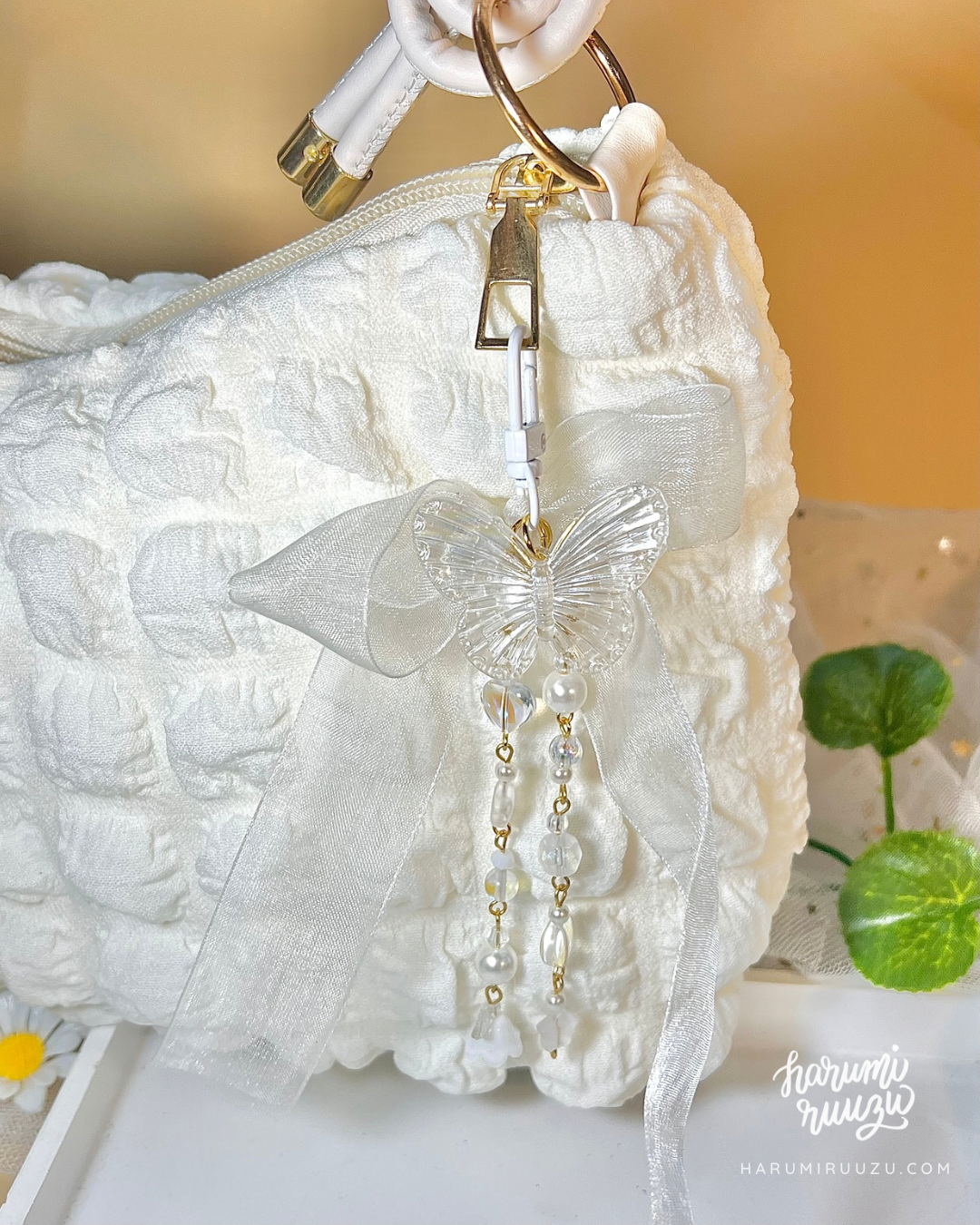 White Beaded Butterfly Keychain / Bag Charm with Ribbon