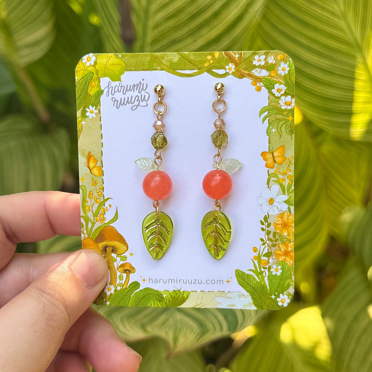 Leafy Tangerine Orange Fruit Handmade Earrings