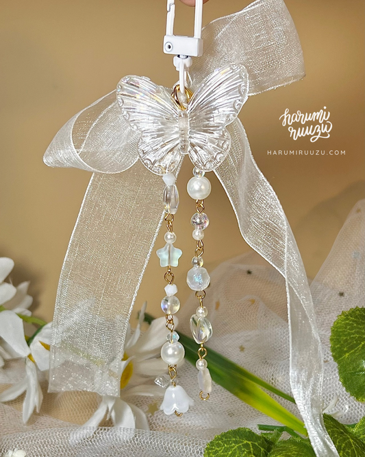 White Beaded Butterfly Keychain / Bag Charm with Ribbon