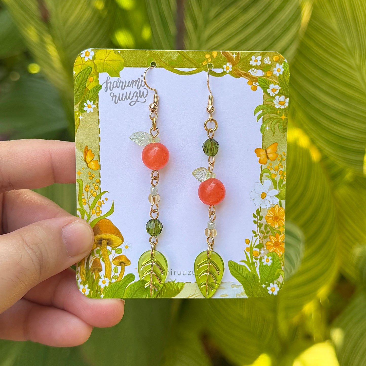 Leafy Tangerine Orange Fruit Handmade Earrings