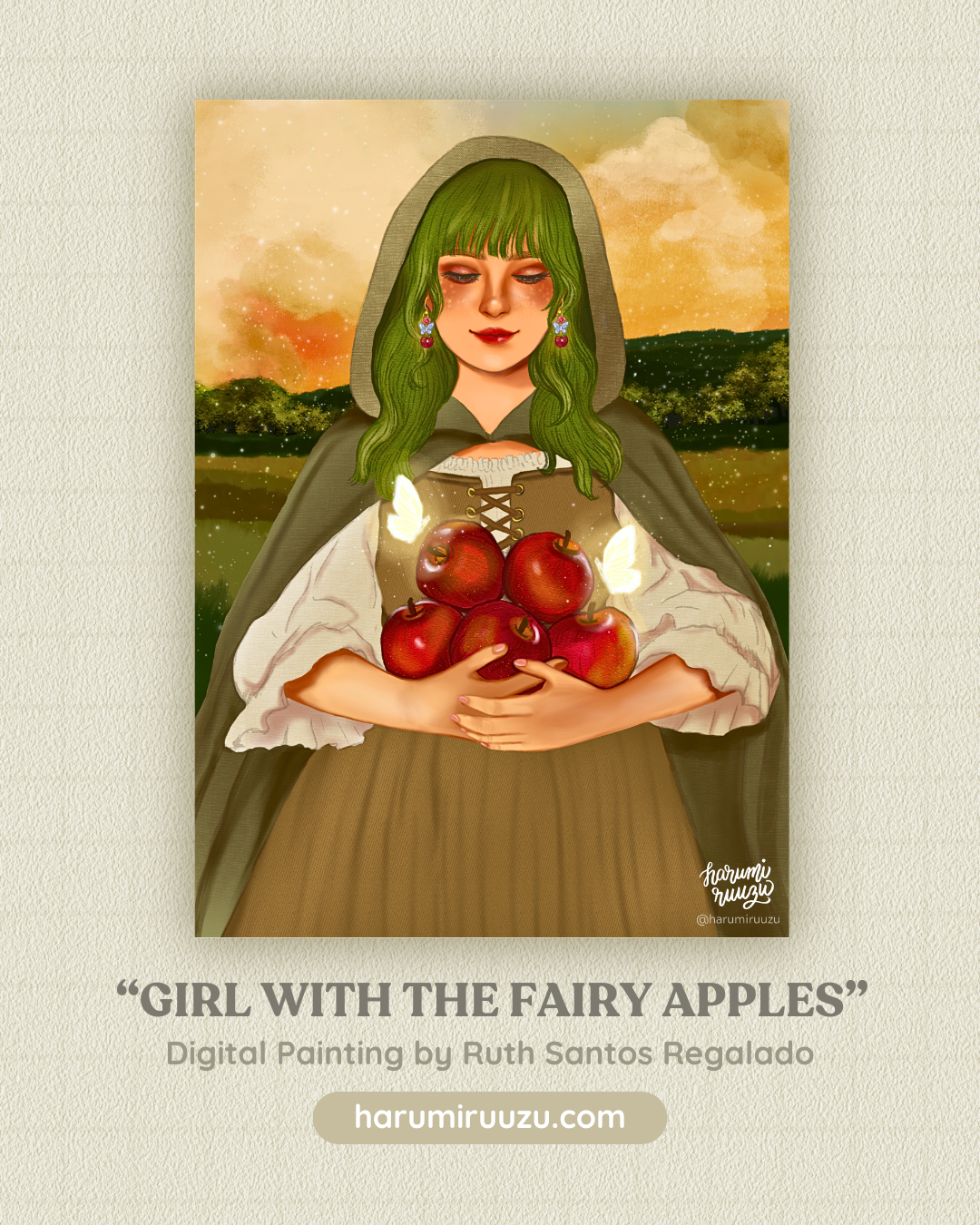 "Girl with the Fairy Apples" Glitter Laminated Art Print - Original Art by Ruth Santos Regalado